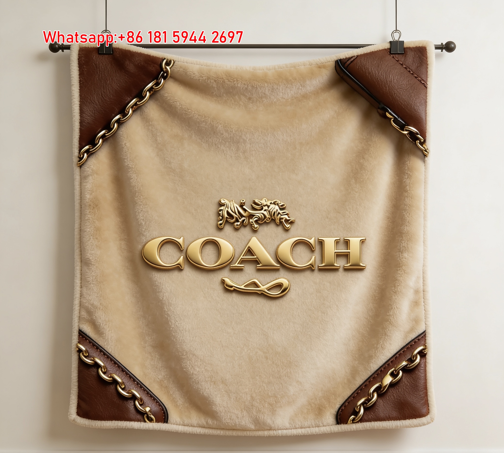 Coach Gold Logo Leather Chain Flannel Throw Blanket for Sofa and Wall Decor C373